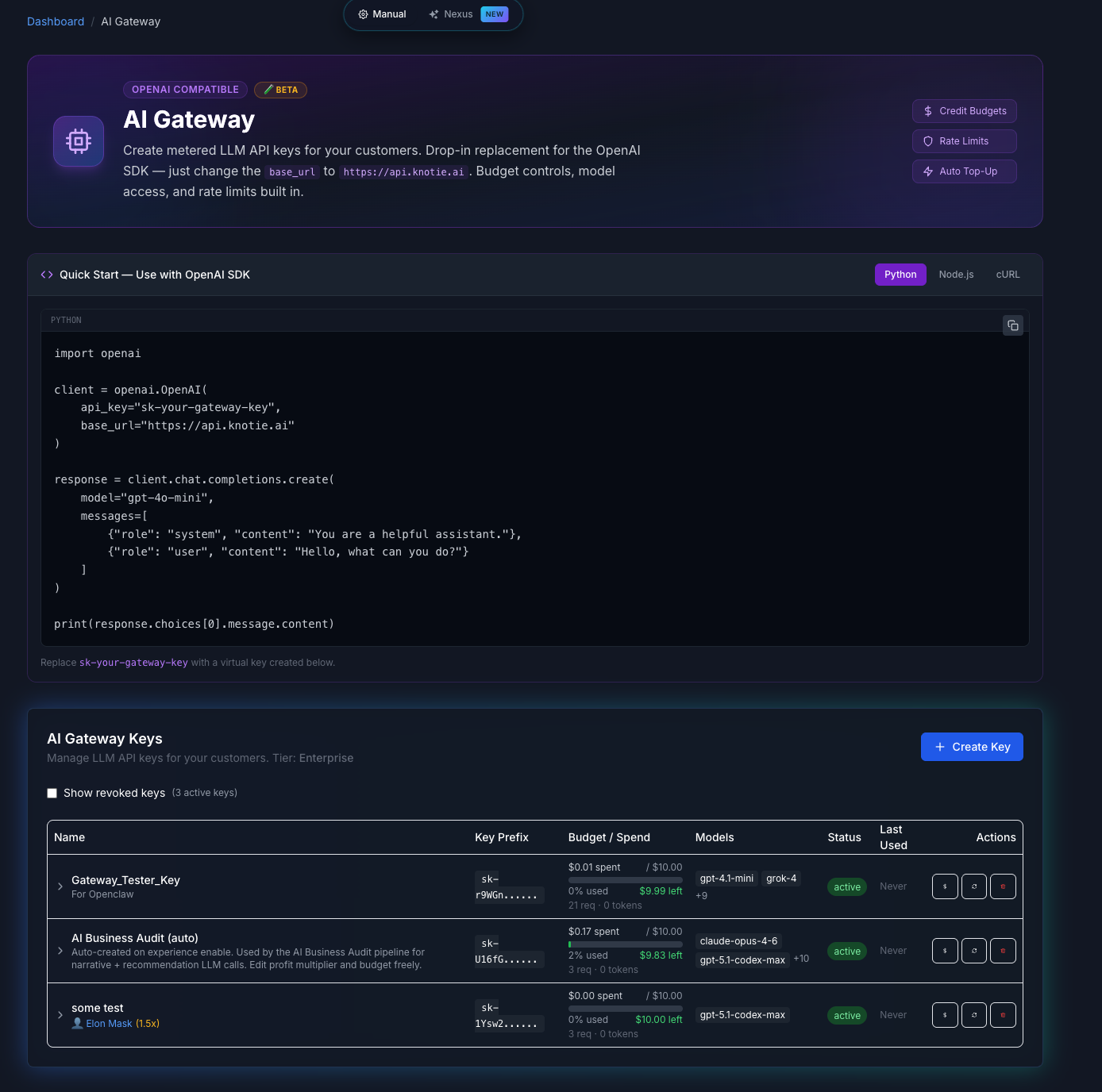 Resell every AI model through one OpenAI-compatible gateway with per-key guardrails